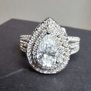 ✨ Rhodium Over 925 Sterling Silver Moissanite Ring – Pear Halo Design *New*